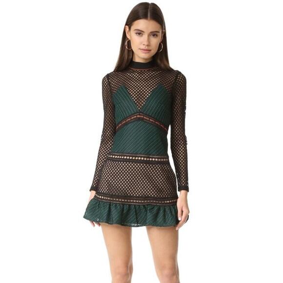 Self Portrait Black Eyelet Mesh Green & Orange Contrast High Neck Dress 6 - Picture 1 of 16